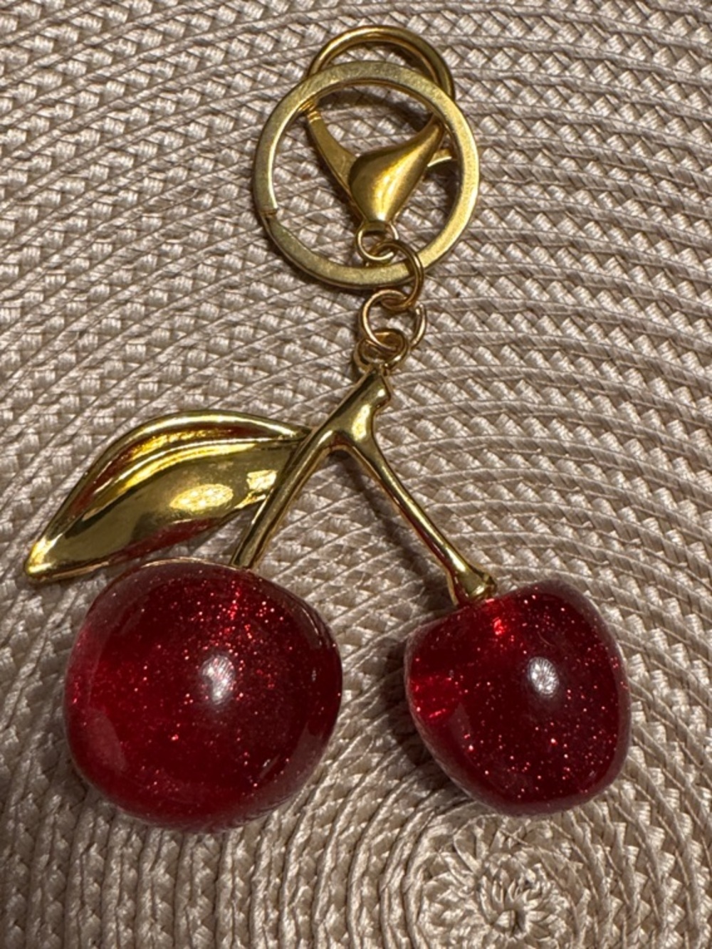Gold Cherry Pendant Keychain - Red Cherry Accent